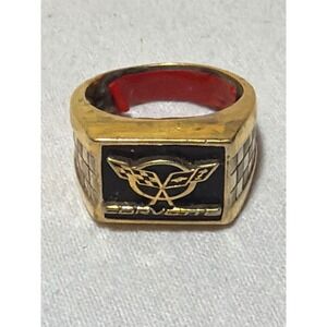 Vintage Chevrolet Corvette C5 Logo Signet Ring Gold Tone Checkerboard Enamel